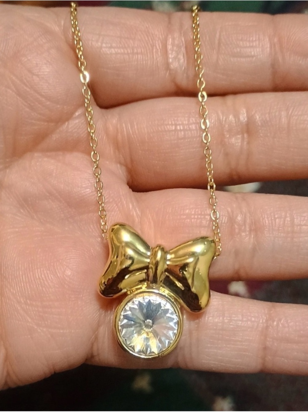 Gold Bow Pendant Necklace with Clear Crystal Accent